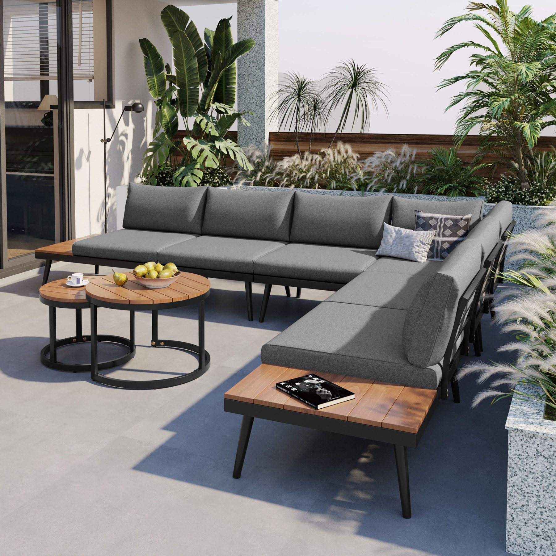 TREXM 6-Piece Outdoor Sectional Sofa Set with Round Nesting Coffee Tables and Seating Sofa with Cushions for Patio, Porch and Garden (Grey)