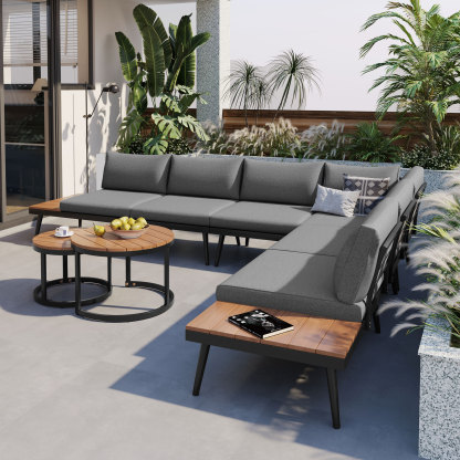 TREXM 6-Piece Outdoor Sectional Sofa Set with Round Nesting Coffee Tables and Seating Sofa with Cushions for Patio, Porch and Garden (Grey)
