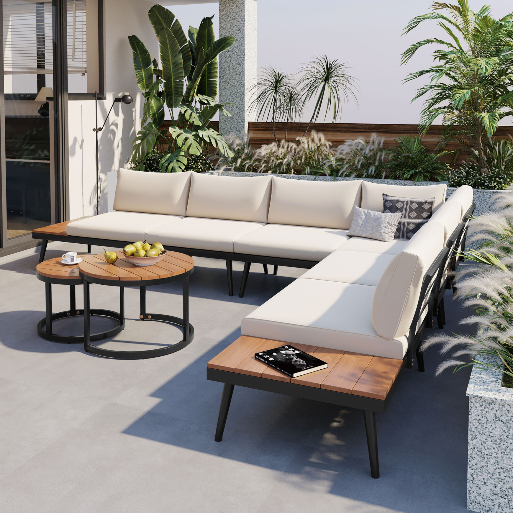 TREXM 6-Piece Outdoor Sectional Sofa Set with Round Nesting Coffee Tables and Seating Sofa with Cushions for Patio, Porch and Garden (Beige)