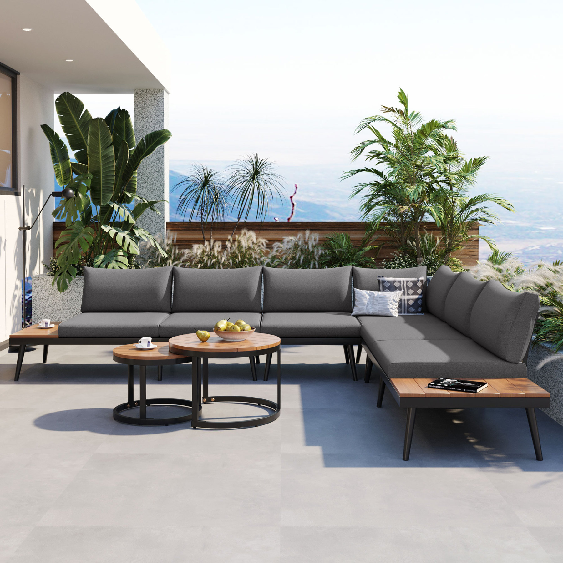 TREXM 6-Piece Outdoor Sectional Sofa Set with Round Nesting Coffee Tables and Seating Sofa with Cushions for Patio, Porch and Garden (Grey)
