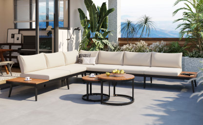 TREXM 6-Piece Outdoor Sectional Sofa Set with Round Nesting Coffee Tables and Seating Sofa with Cushions for Patio, Porch and Garden (Beige)