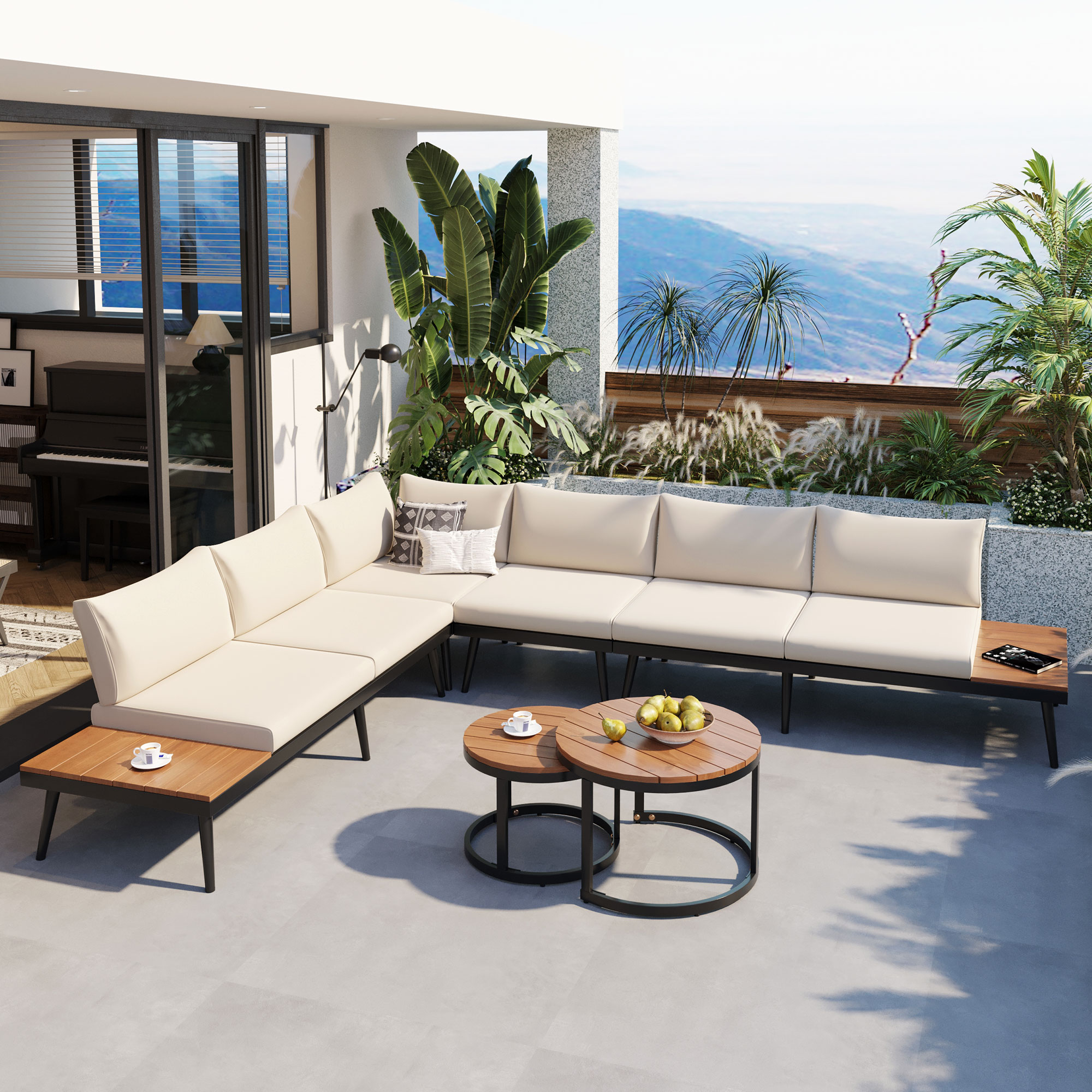 TREXM 6-Piece Outdoor Sectional Sofa Set with Round Nesting Coffee Tables and Seating Sofa with Cushions for Patio, Porch and Garden (Beige)