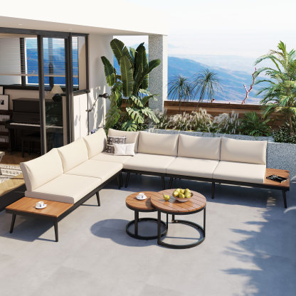 TREXM 6-Piece Outdoor Sectional Sofa Set with Round Nesting Coffee Tables and Seating Sofa with Cushions for Patio, Porch and Garden (Beige)