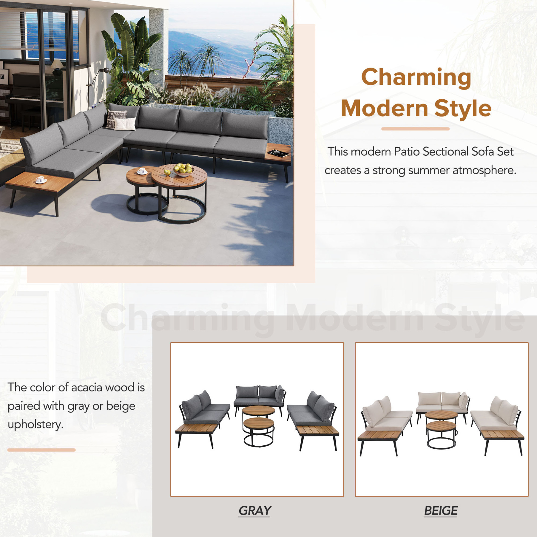 TREXM 6-Piece Outdoor Sectional Sofa Set with Round Nesting Coffee Tables and Seating Sofa with Cushions for Patio, Porch and Garden (Grey)