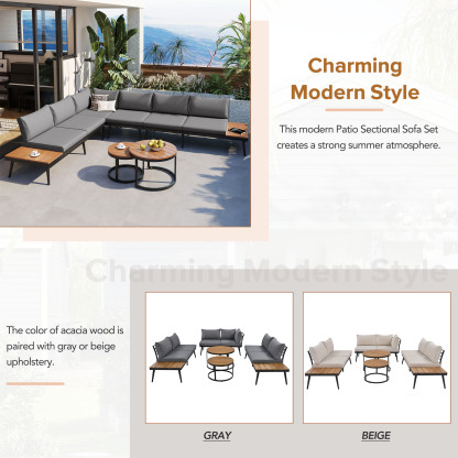TREXM 6-Piece Outdoor Sectional Sofa Set with Round Nesting Coffee Tables and Seating Sofa with Cushions for Patio, Porch and Garden (Grey)