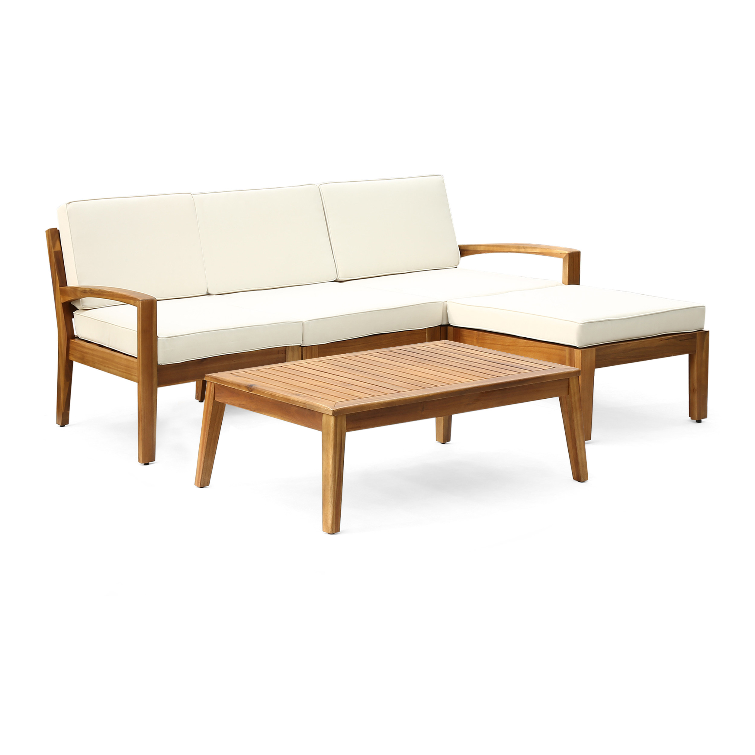 L Shape Outdoor Sectional Sofa Set – 3-Piece Acacia Wood Modular Patio Furniture with Ottoman & Coffee Table, Left/Right Armrest + Armless Segment, Water-Resistant Cushions, Slat Panel Backrest, Transitional Gray Finish