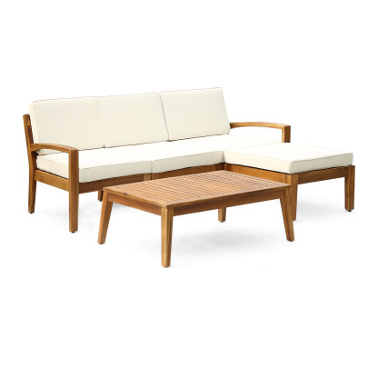 L Shape Outdoor Sectional Sofa Set – 3-Piece Acacia Wood Modular Patio Furniture with Ottoman & Coffee Table, Left/Right Armrest + Armless Segment, Water-Resistant Cushions, Slat Panel Backrest, Transitional Gray Finish