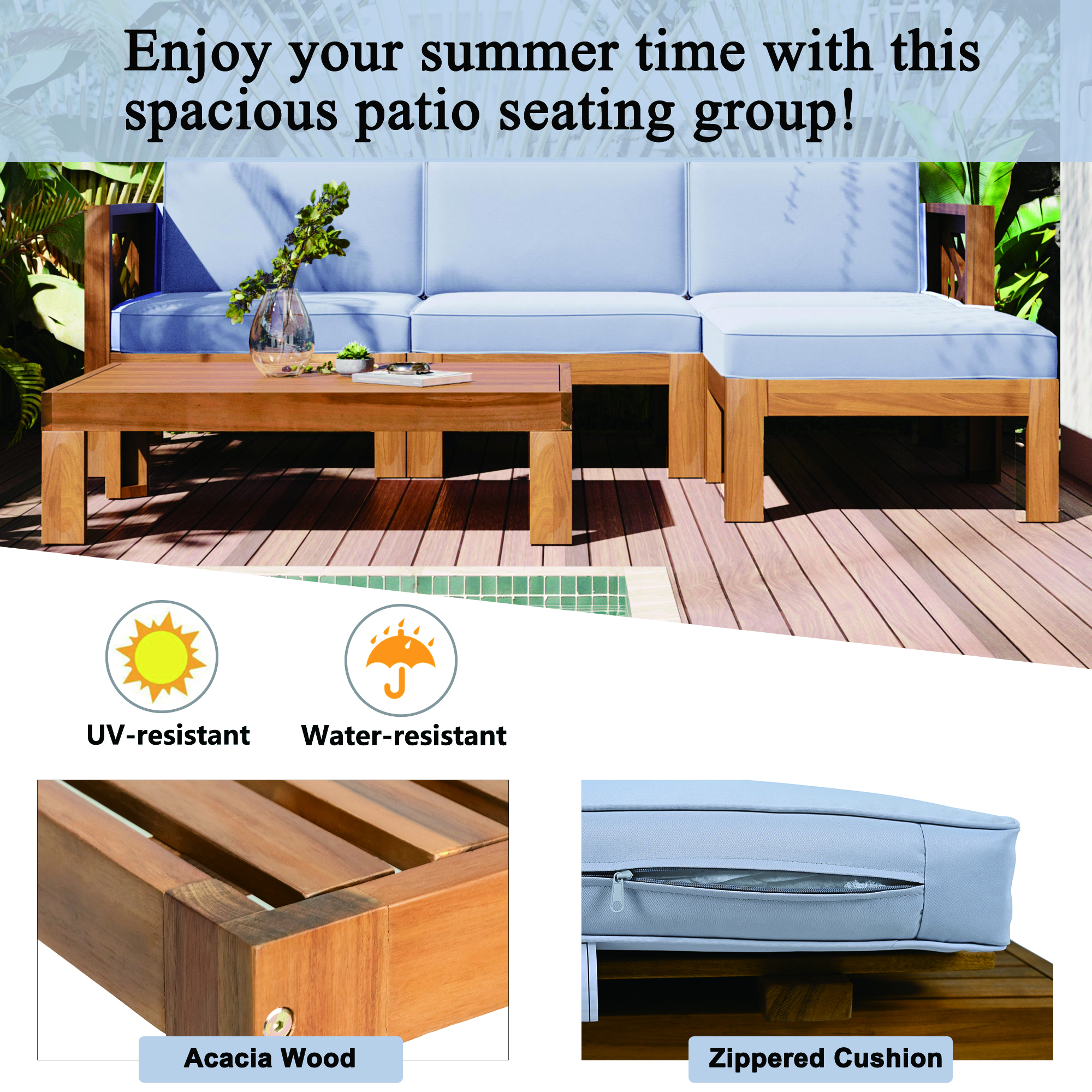 Outdoor Backyard Patio Wood 5-Piece Sectional Sofa Seating Group Set with Cushions, Natural Finish+ Gray Cushions