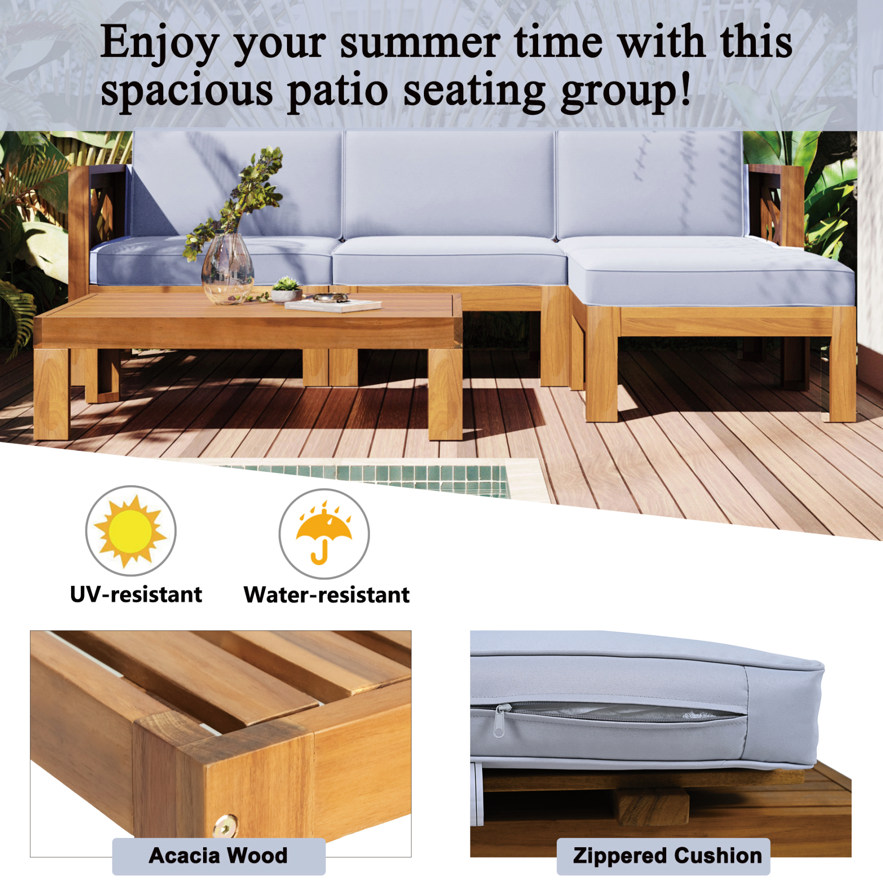 Outdoor Backyard Patio Wood 5-Piece Sectional Sofa Seating Group Set with Cushions, Natural Finish+ Gray Cushions