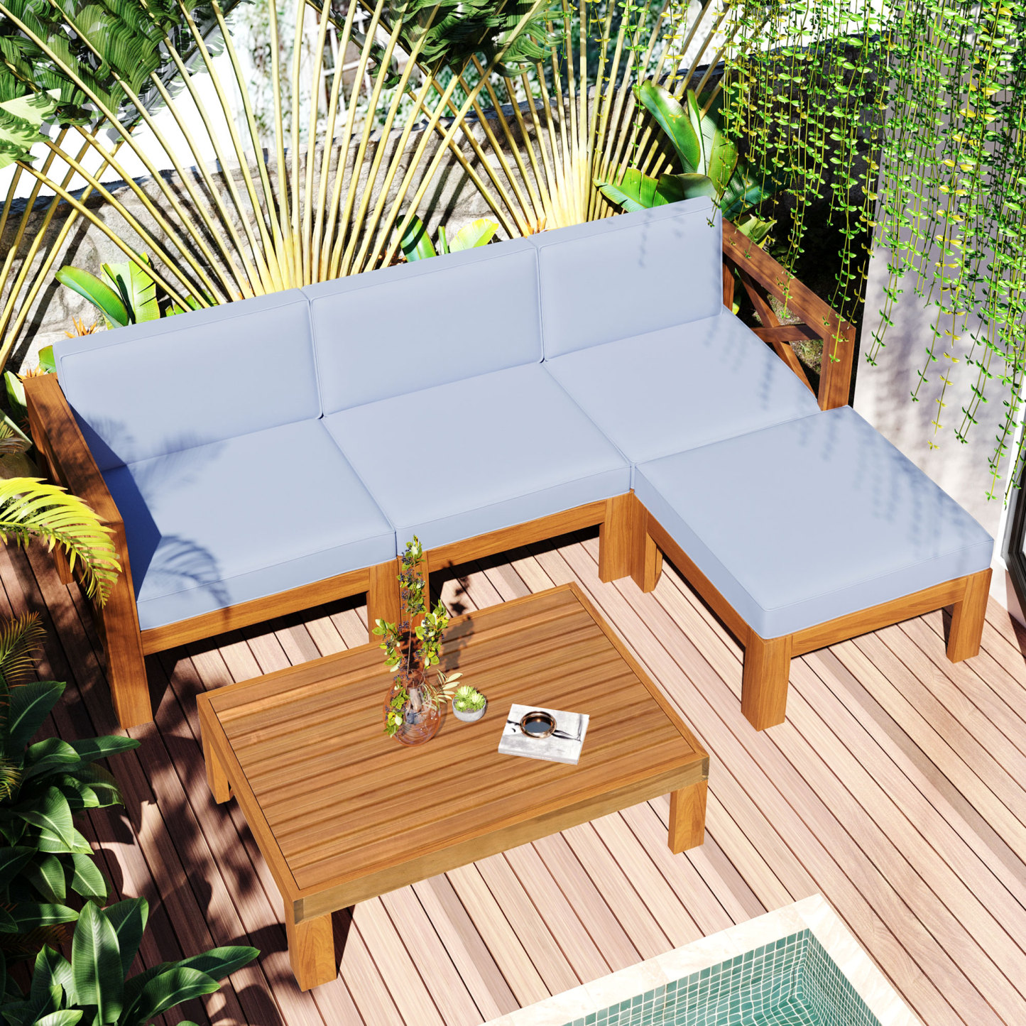 Outdoor Backyard Patio Wood 5-Piece Sectional Sofa Seating Group Set with Cushions, Natural Finish+ Gray Cushions