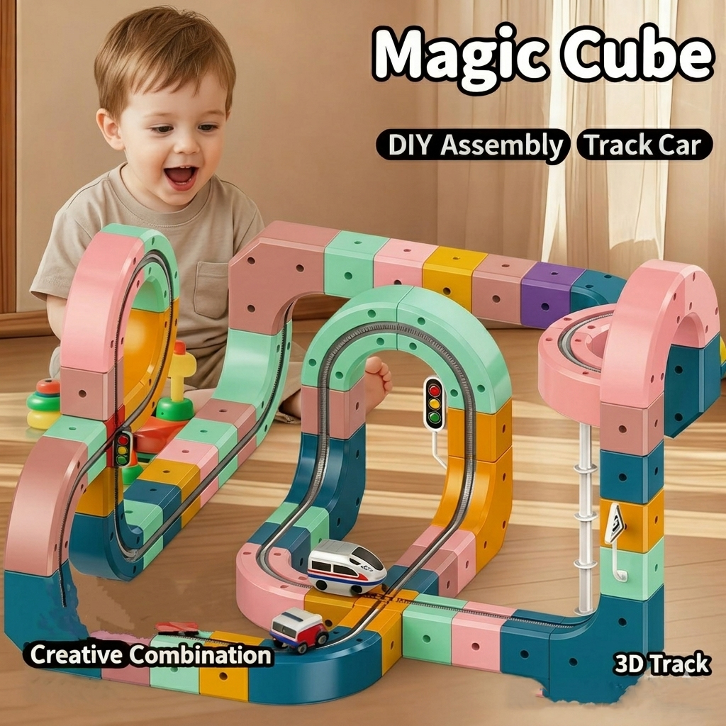 3D Anti-Gravity STEM Building Toy Train Track Set Rail Train Set 51 Pcs Motorized Electric Race Car & Montessori Sensory Blocks Christmas Birthday Gift