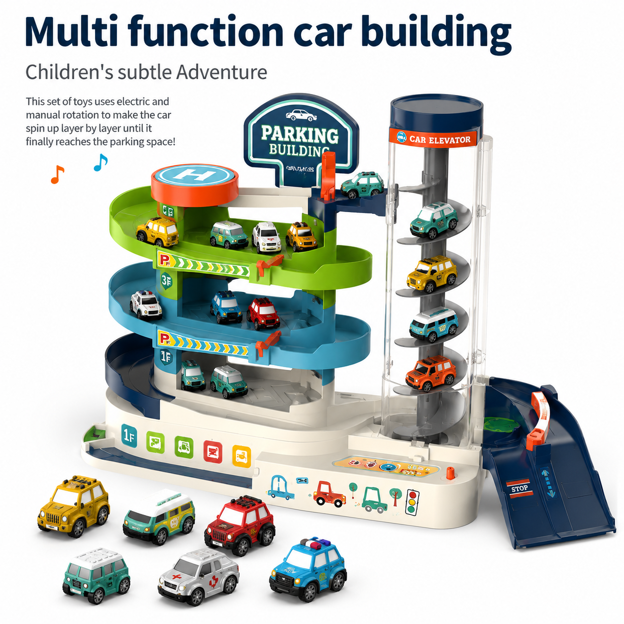 Kids Parking Garage Toy with Electric Car Elevator, Manual & Automatic Vehicle Track Playset, Multi-Level Parking Building with Mini Cars