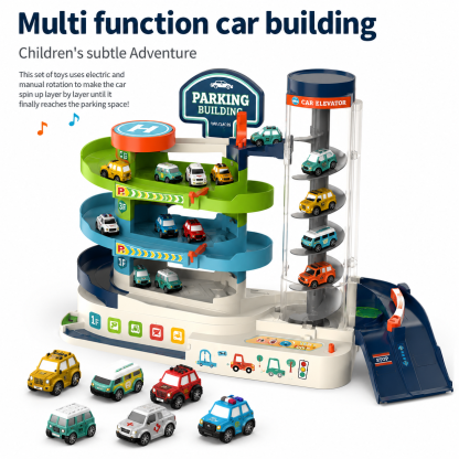 Kids Parking Garage Toy with Electric Car Elevator, Manual & Automatic Vehicle Track Playset, Multi-Level Parking Building with Mini Cars