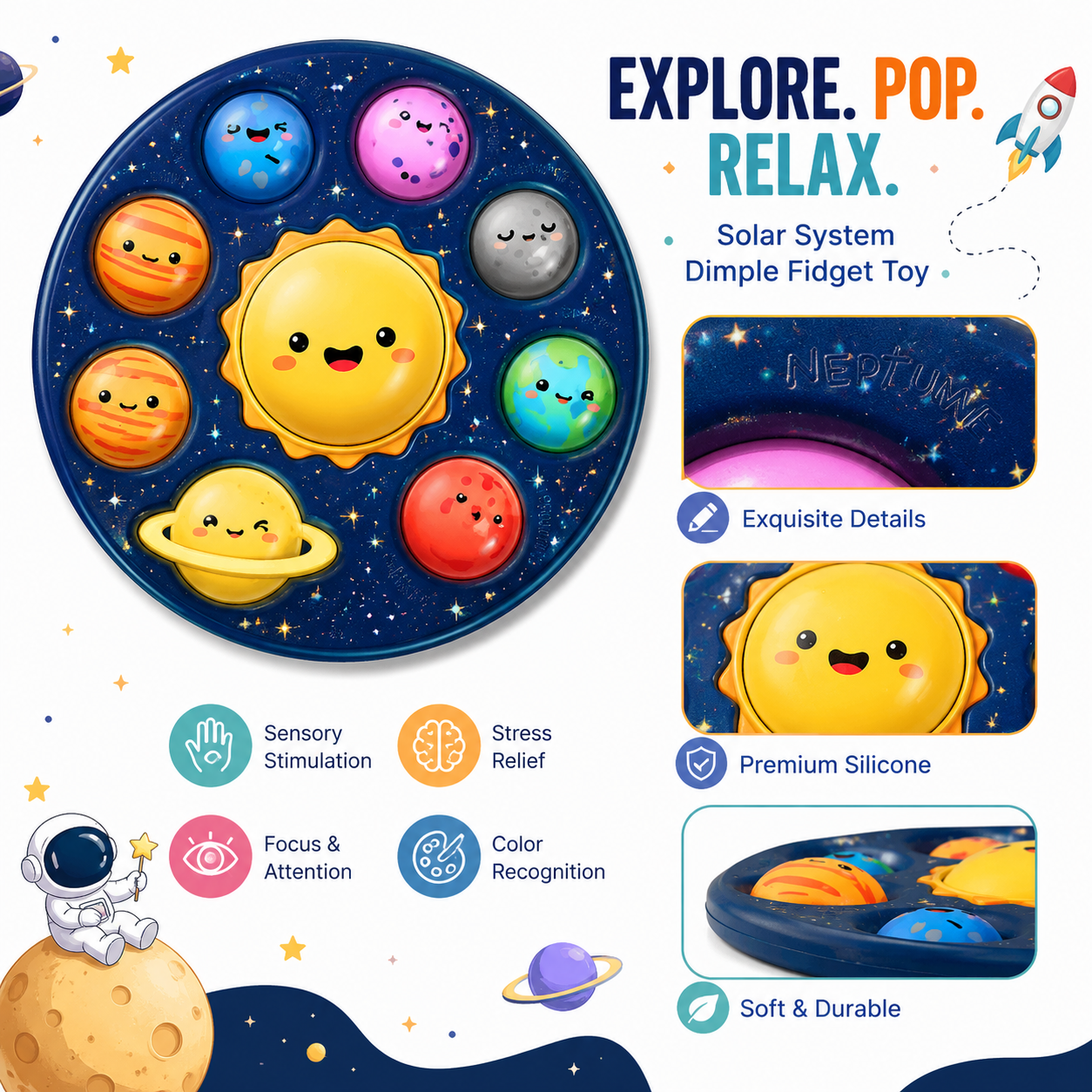 Solar System Dimple Fidget Toy for Kids, Jumbo Pop Sensory Toy with Planet Design, Space & Astronomy Educational Gift for Boys & Girls