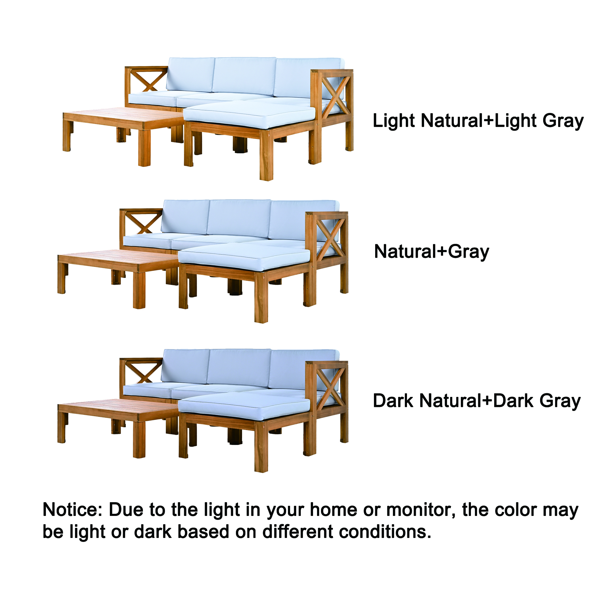 Outdoor Backyard Patio Wood 5-Piece Sectional Sofa Seating Group Set with Cushions, Natural Finish+ Gray Cushions