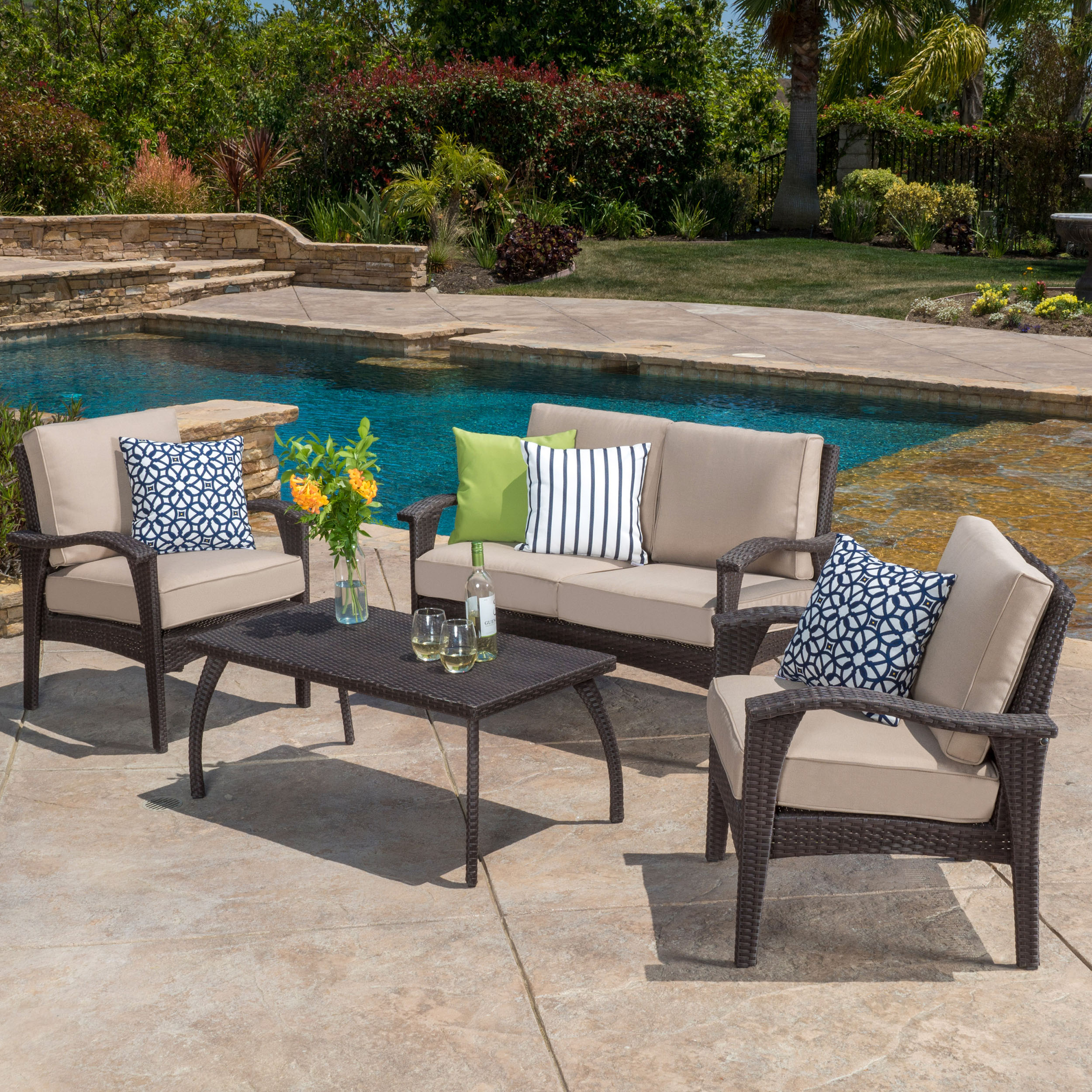 4PC PE Wicker Set Outdoor Seating in Brown and Tan with Iron Frame and Waterproof Fabric
