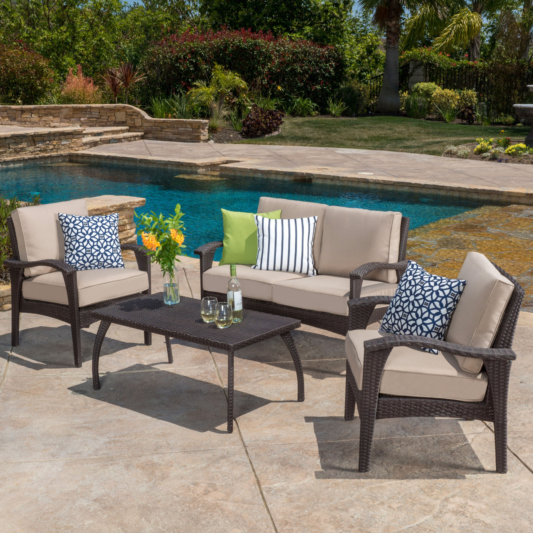 4PC PE Wicker Set Outdoor Seating in Brown and Tan with Iron Frame and Waterproof Fabric