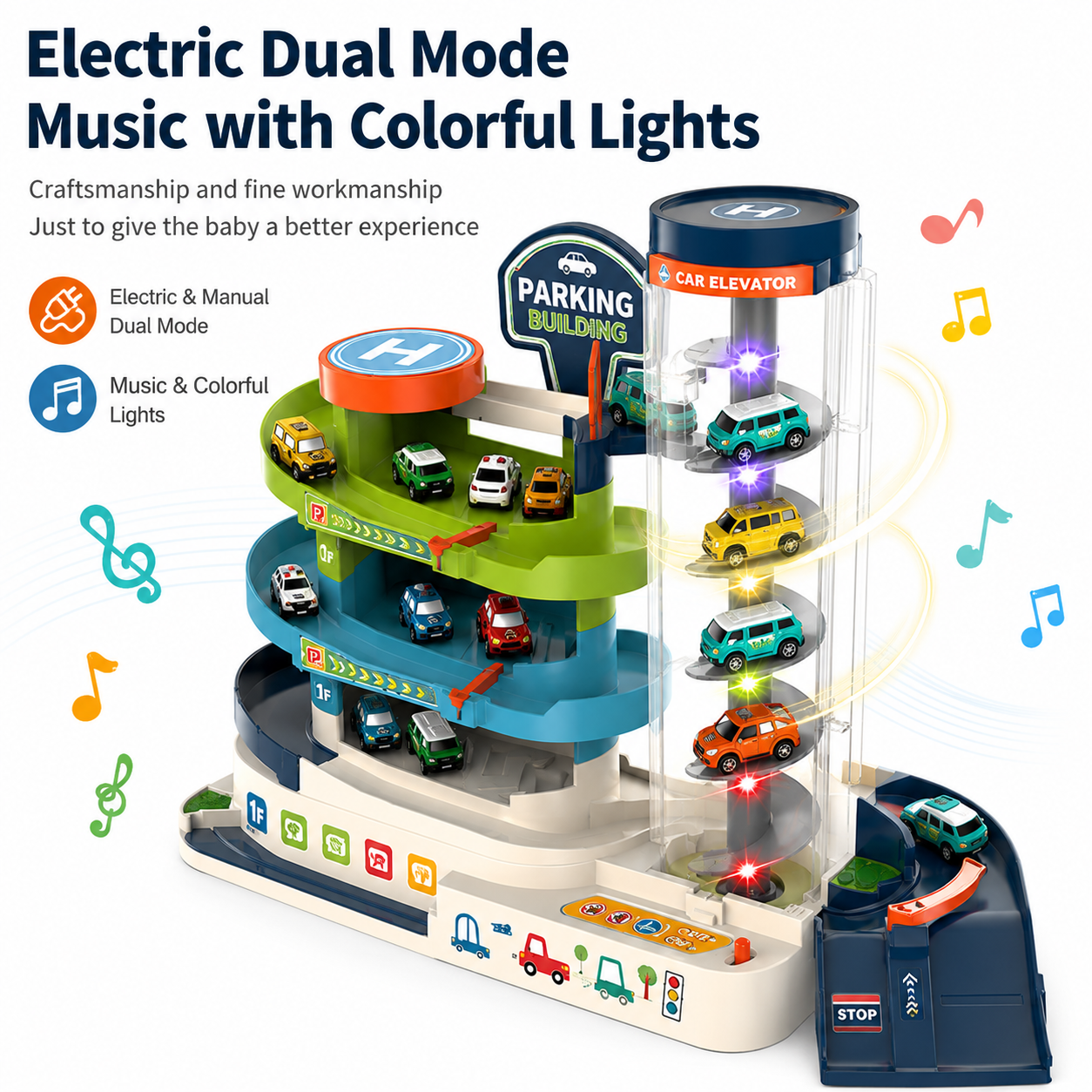 Kids Parking Garage Toy with Electric Car Elevator, Manual & Automatic Vehicle Track Playset, Multi-Level Parking Building with Mini Cars