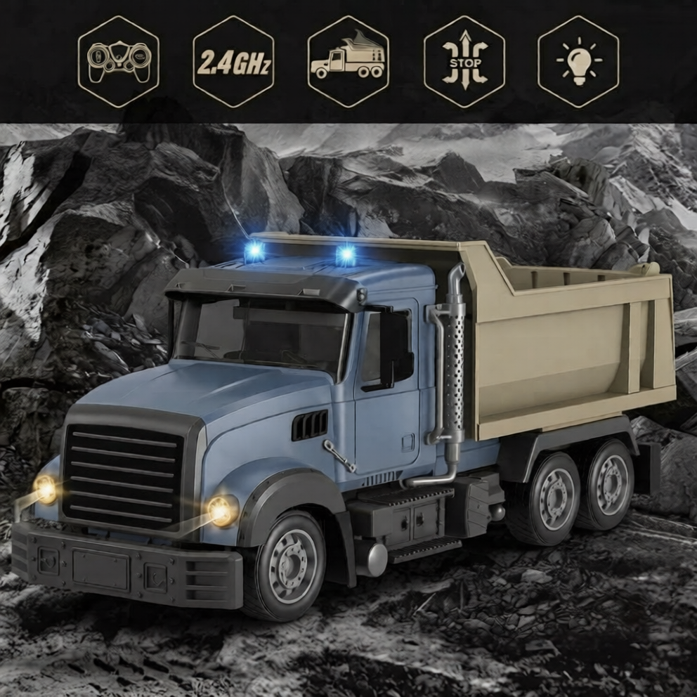 Remote Control Dump Truck Toy, 7-Channel RC Construction Truck with Lights, Sounds & Rechargeable Battery for Boys Ages 4-7