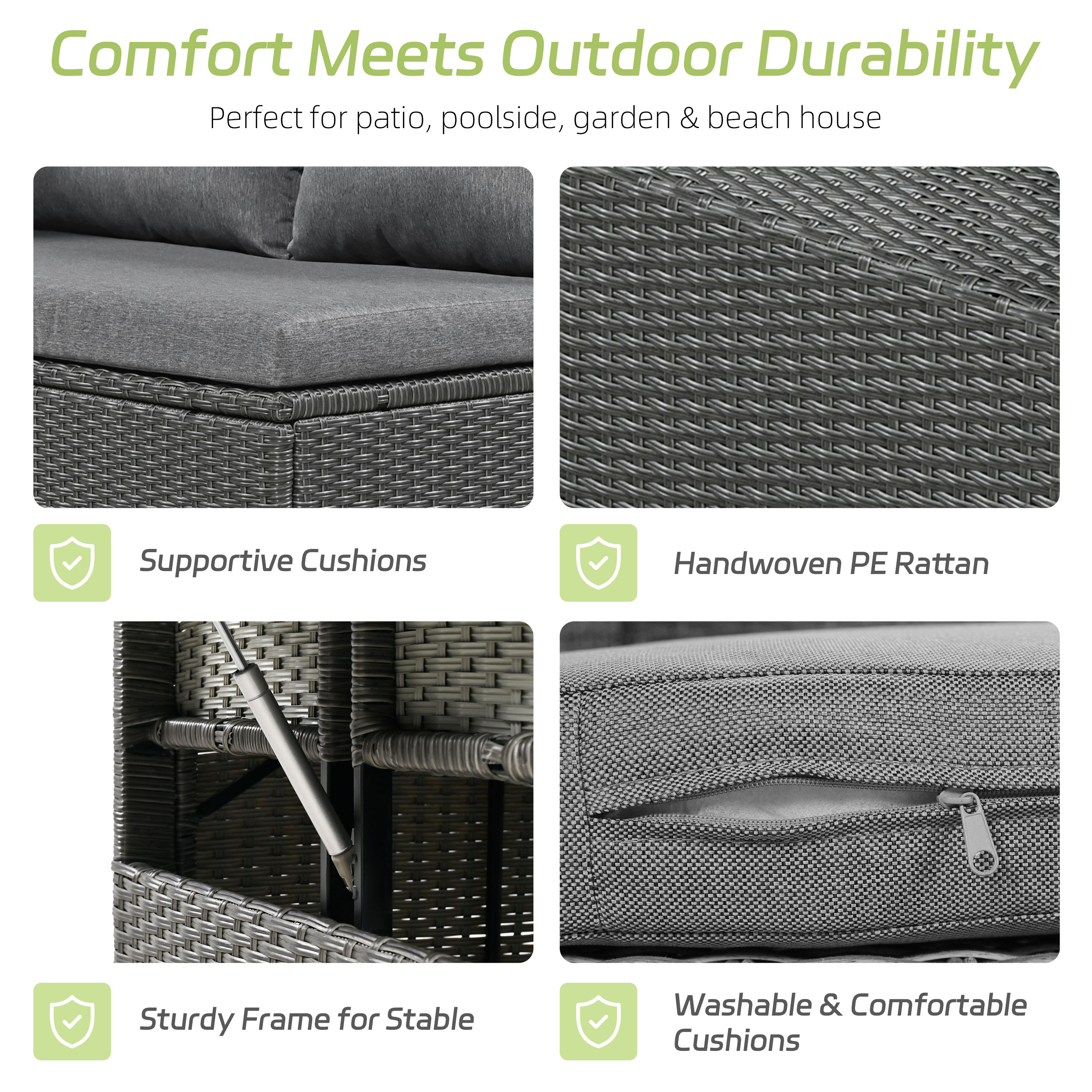 TOMAX 5-Piece Outdoor Patio Rattan Sofa Set, Sectional PE Wicker L-Shaped Garden Furniture Set with 2 Extendable Side Tables, Dining Table and Washable Covers for Backyard, Poolside, Indoor, Grey