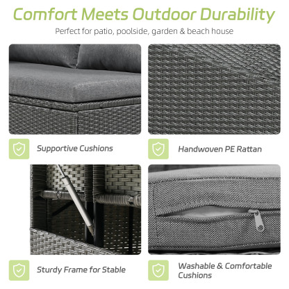 TOMAX 5-Piece Outdoor Patio Rattan Sofa Set, Sectional PE Wicker L-Shaped Garden Furniture Set with 2 Extendable Side Tables, Dining Table and Washable Covers for Backyard, Poolside, Indoor, Grey