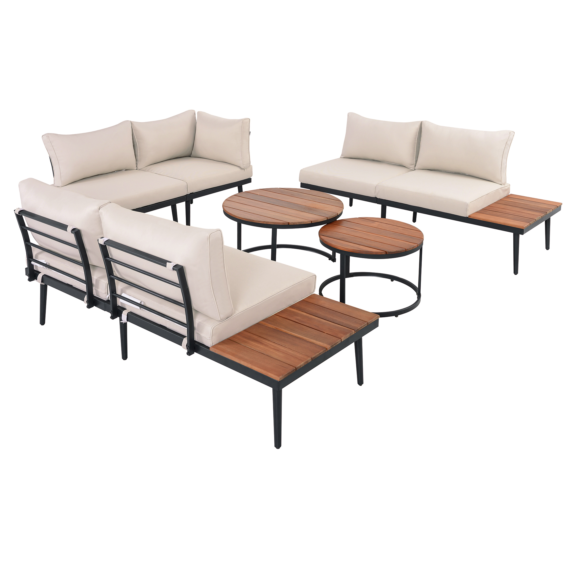 TREXM 6-Piece Outdoor Sectional Sofa Set with Round Nesting Coffee Tables and Seating Sofa with Cushions for Patio, Porch and Garden (Beige)