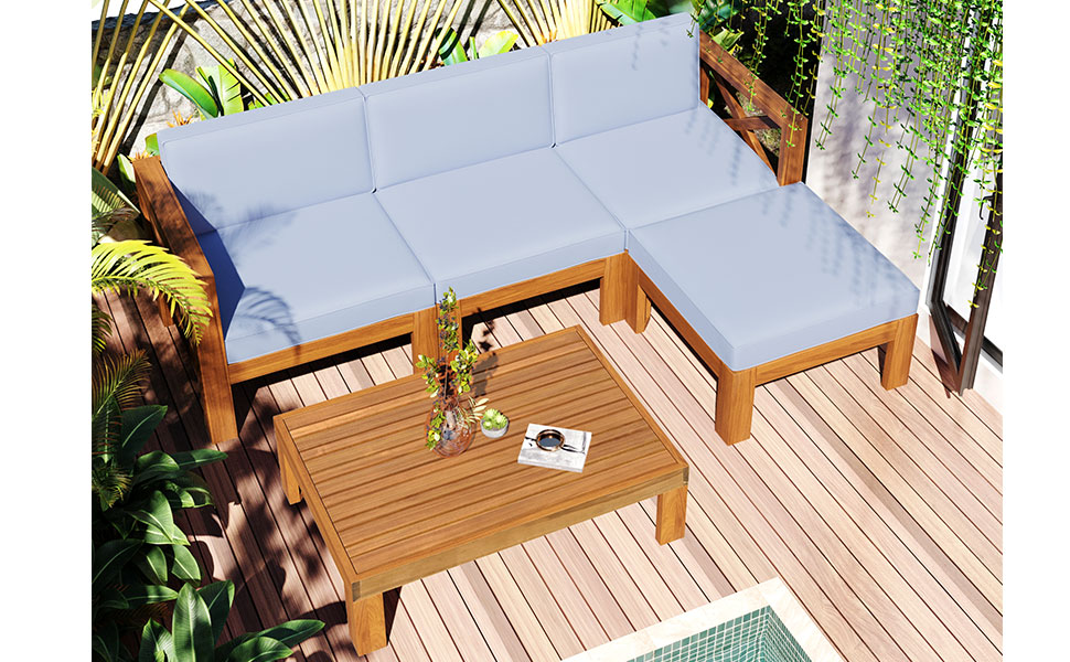 Outdoor Backyard Patio Wood 5-Piece Sectional Sofa Seating Group Set with Cushions, Natural Finish+ Gray Cushions