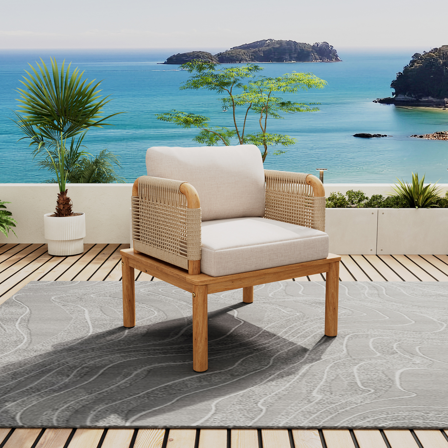Outdoor Acacia Wood and Rope Club Chair with Cushions (Single)