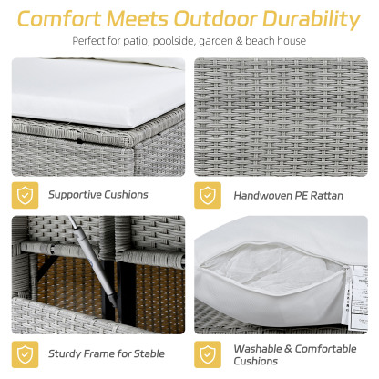 TOMAX 5-Piece Outdoor Patio Rattan Sofa Set, Sectional PE Wicker L-Shaped Garden Furniture Set with 2 Extendable Side Tables, Dining Table and Washable Covers for Backyard, Poolside, Indoor, White