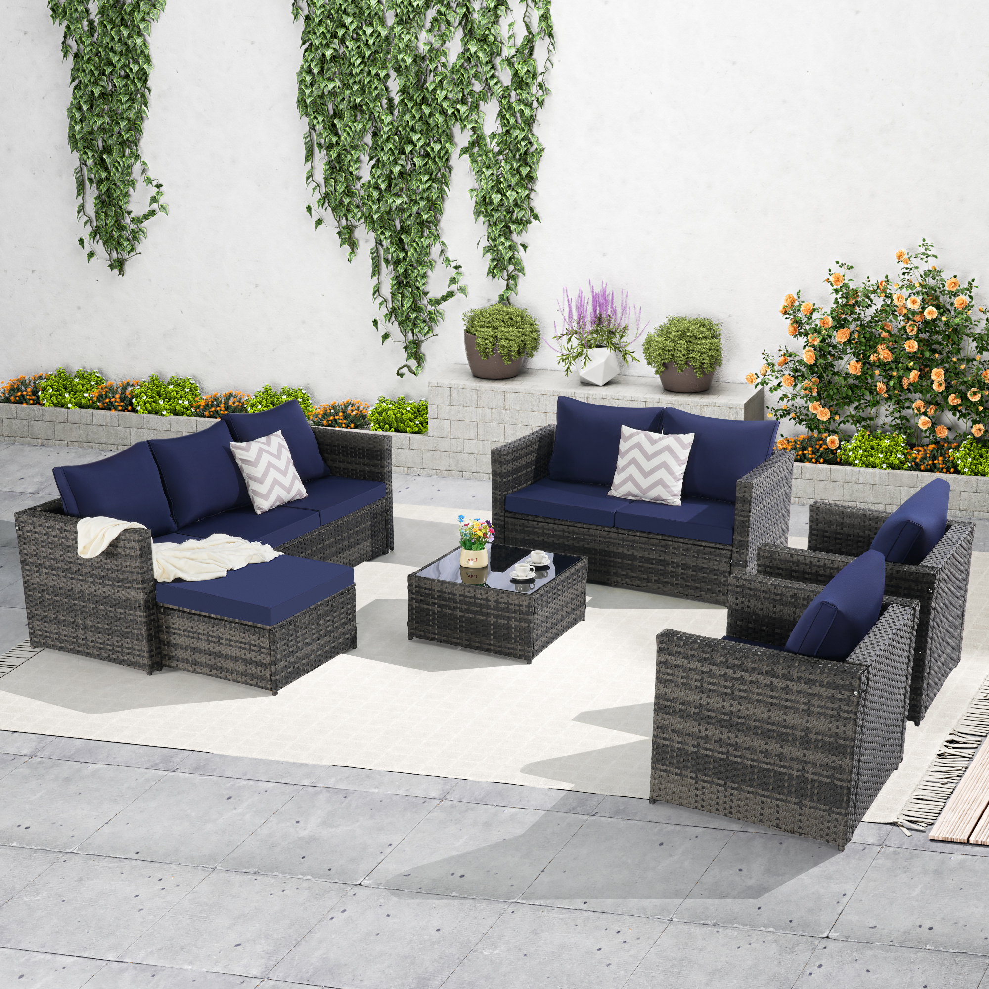 6 Piece Patio Furniture Set,Outdoor Wicker Rattan Sofa Conversation Set All Weather Patio Sectional Sofa Set with Glass Table, Cushions and Pillows for Garden, Backyard