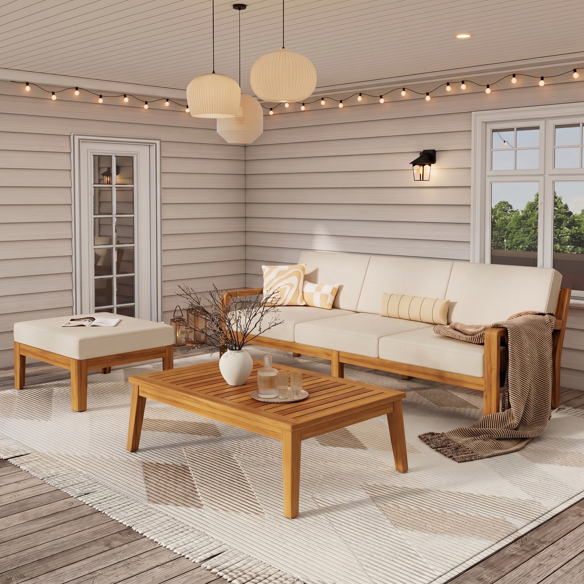 Outdoor L Shape 3pcs Acacia Wood Patio Sofa Set