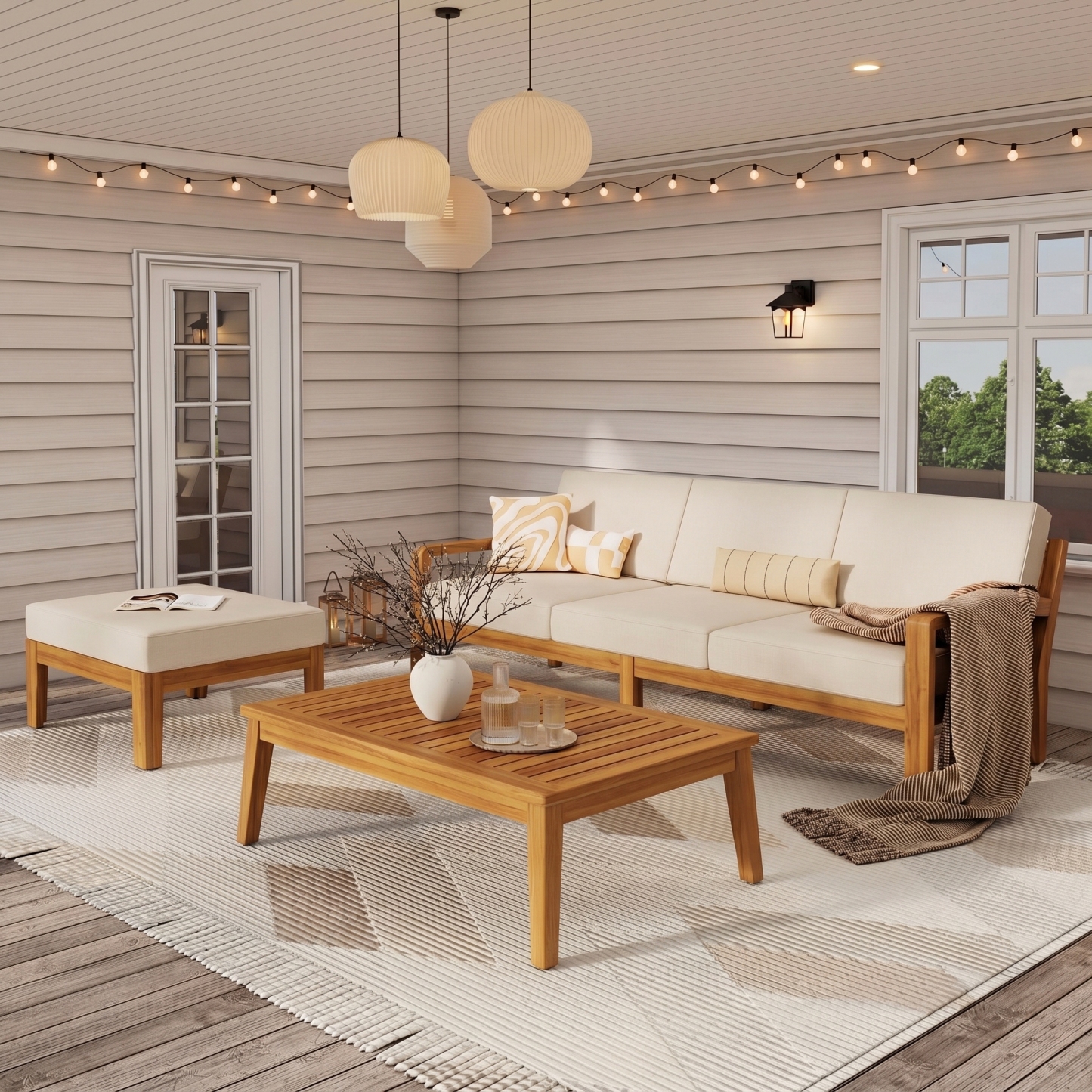 Outdoor L Shape 3pcs Acacia Wood Patio Sofa Set