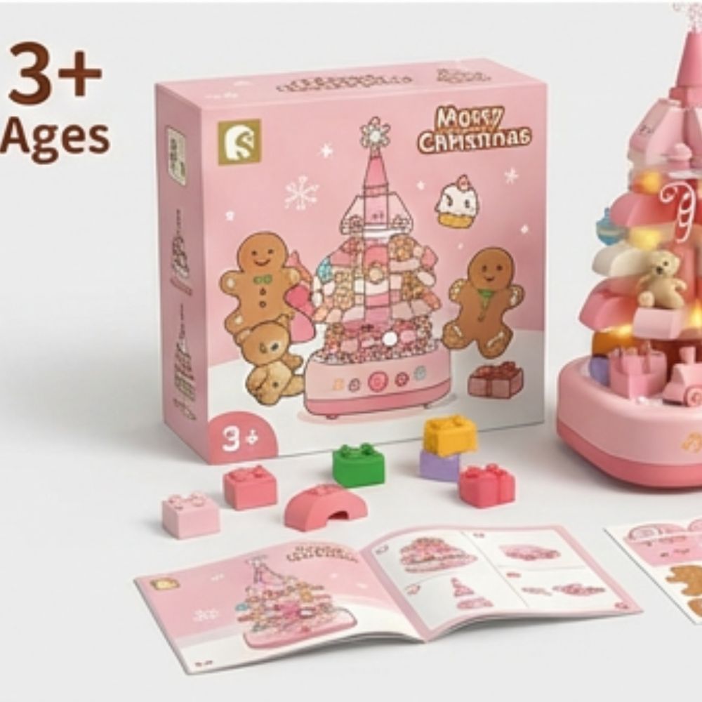 Pink Crystal Christmas Tree Building Block Set Music Box with LED Light Rotating Xmas Bricks Toy for Girls Ages 6+ Musical Blocks Toy