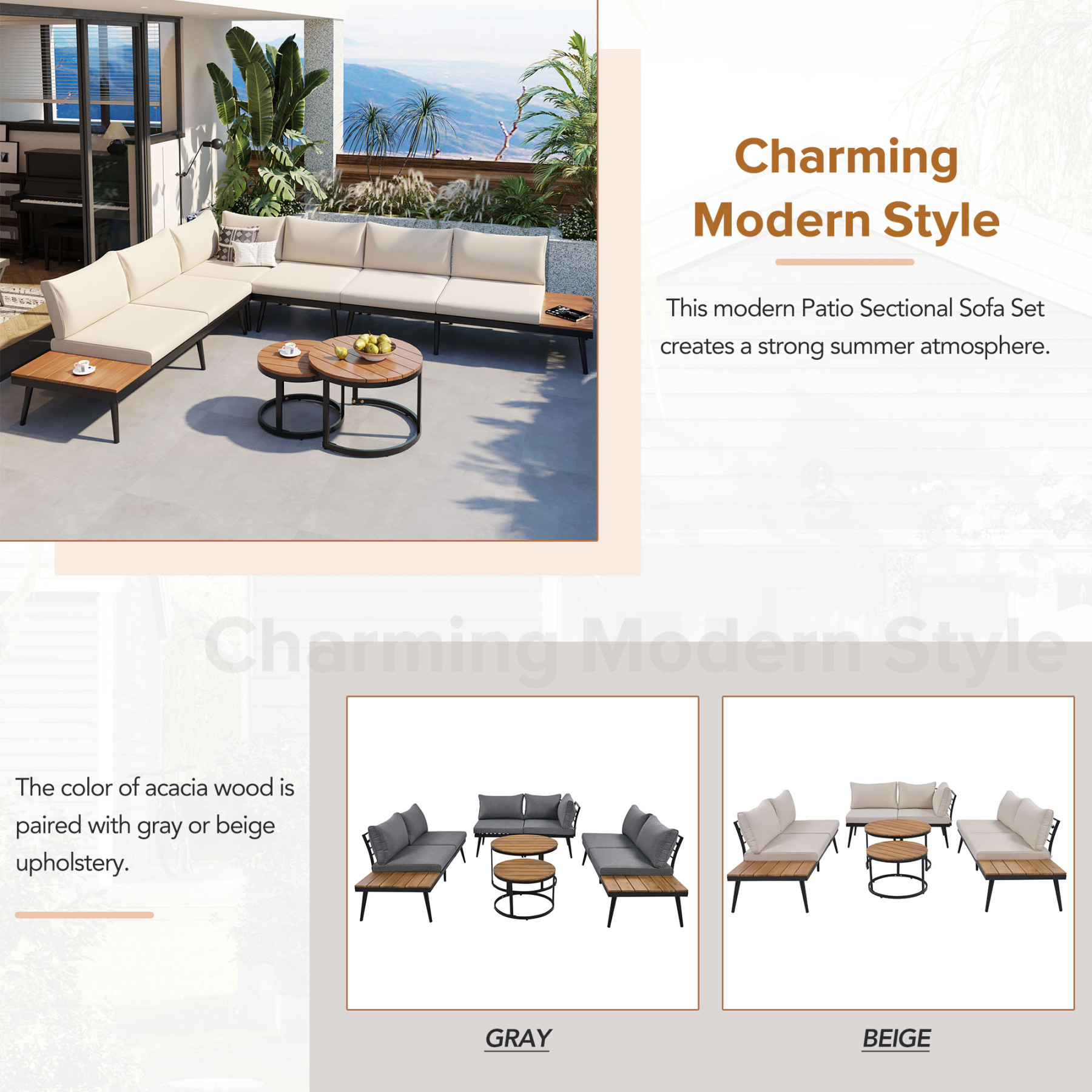 TREXM 6-Piece Outdoor Sectional Sofa Set with Round Nesting Coffee Tables and Seating Sofa with Cushions for Patio, Porch and Garden (Beige)
