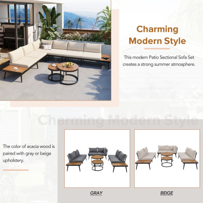 TREXM 6-Piece Outdoor Sectional Sofa Set with Round Nesting Coffee Tables and Seating Sofa with Cushions for Patio, Porch and Garden (Beige)