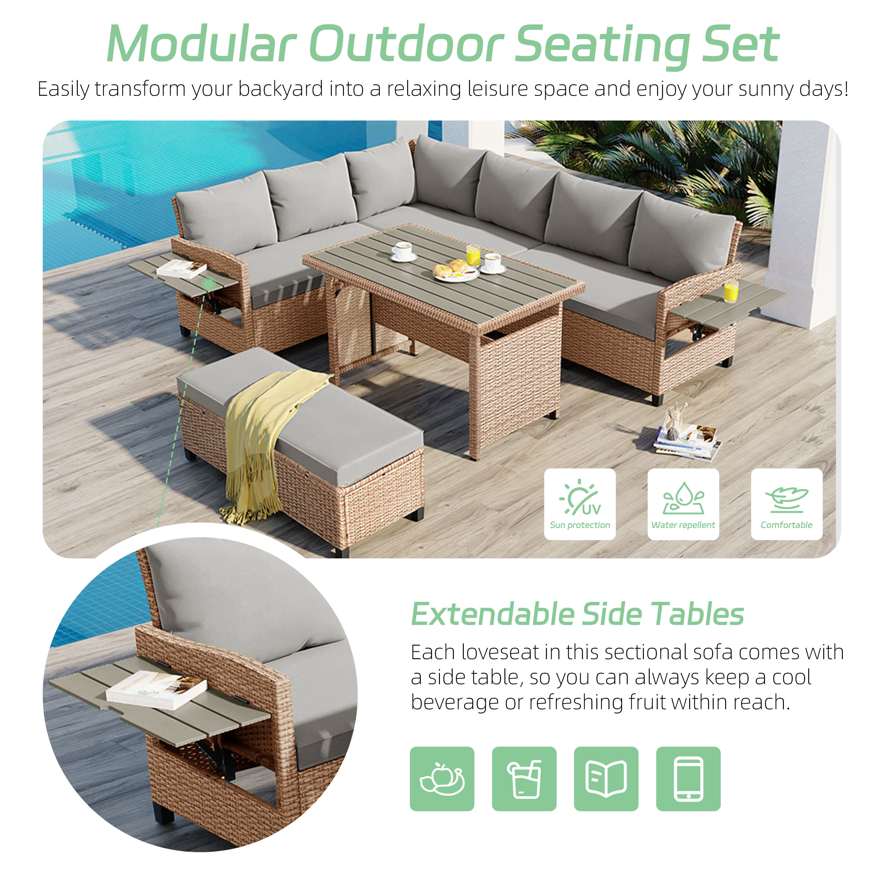 TOMAX 5-Piece Outdoor Patio Rattan Sofa Set, Sectional PE Wicker L-Shaped Garden Furniture Set with 2 Extendable Side Tables, Dining Table and Washable Covers for Backyard, Poolside, Indoor, Brown