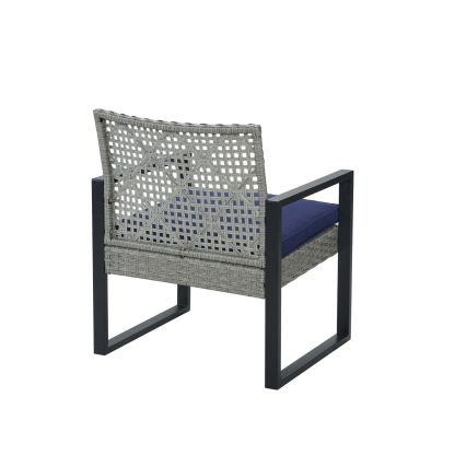 4-Piece Patio Furniture Set Outdoor Balcony Porch Garden Backyard Lawn Furniture Gray Acacia Wood Table Top, Blue Cushion and Light Gray rattan