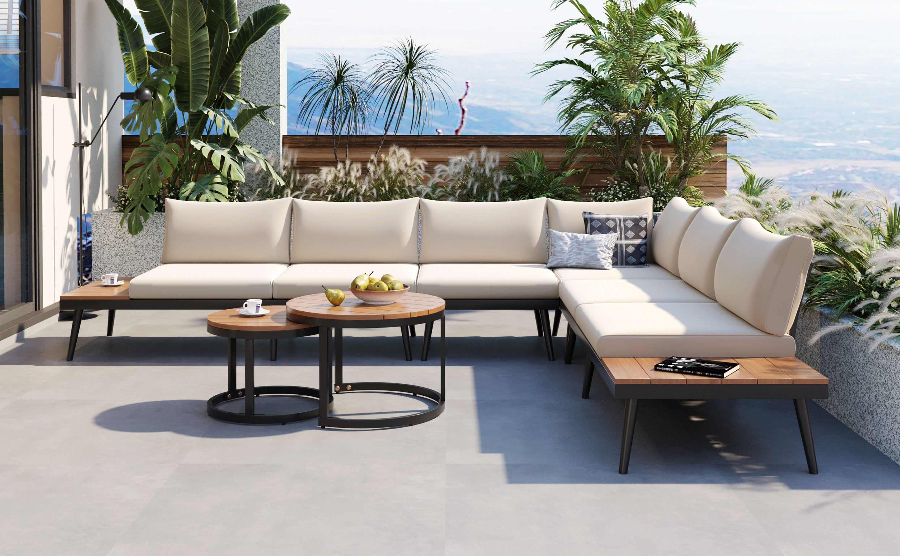 TREXM 6-Piece Outdoor Sectional Sofa Set with Round Nesting Coffee Tables and Seating Sofa with Cushions for Patio, Porch and Garden (Beige)