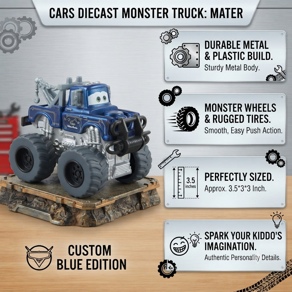 Cars Mater Diecast Monster Truck - Custom Blue Edition, 3.5-inch Large Wheel Toy, Kids Ages 3+