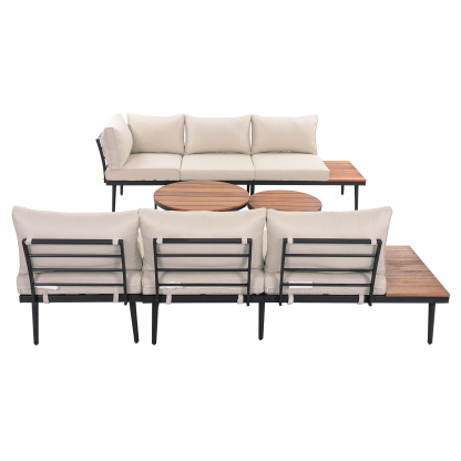 TREXM 6-Piece Outdoor Sectional Sofa Set with Round Nesting Coffee Tables and Seating Sofa with Cushions for Patio, Porch and Garden (Beige)