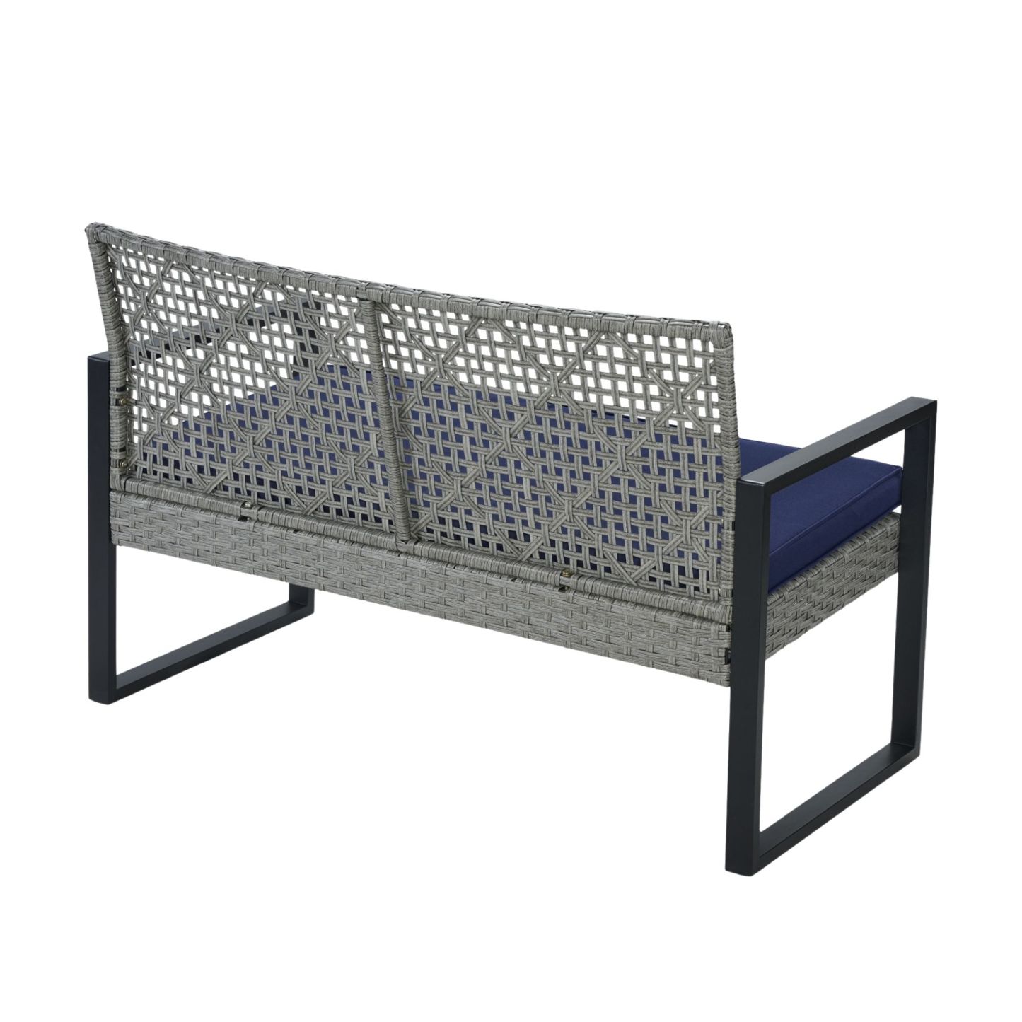 4-Piece Patio Furniture Set Outdoor Balcony Porch Garden Backyard Lawn Furniture Gray Acacia Wood Table Top, Blue Cushion and Light Gray rattan