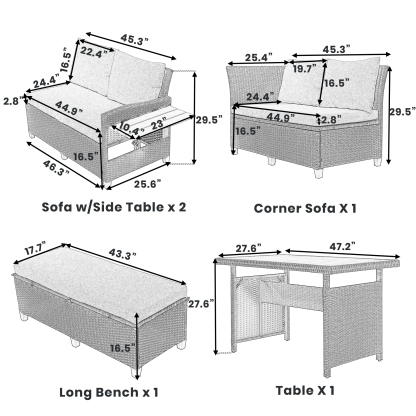 TOMAX 5-Piece Outdoor Patio Rattan Sofa Set, Sectional PE Wicker L-Shaped Garden Furniture Set with 2 Extendable Side Tables, Dining Table and Washable Covers for Backyard, Poolside, Indoor, White