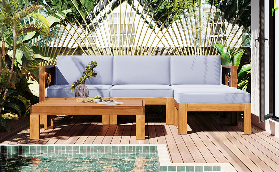Outdoor Backyard Patio Wood 5-Piece Sectional Sofa Seating Group Set with Cushions, Natural Finish+ Gray Cushions