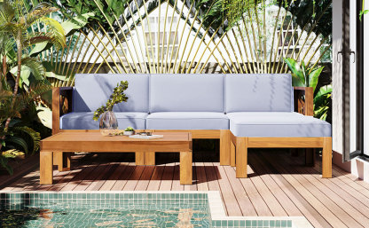 Outdoor Backyard Patio Wood 5-Piece Sectional Sofa Seating Group Set with Cushions, Natural Finish+ Gray Cushions