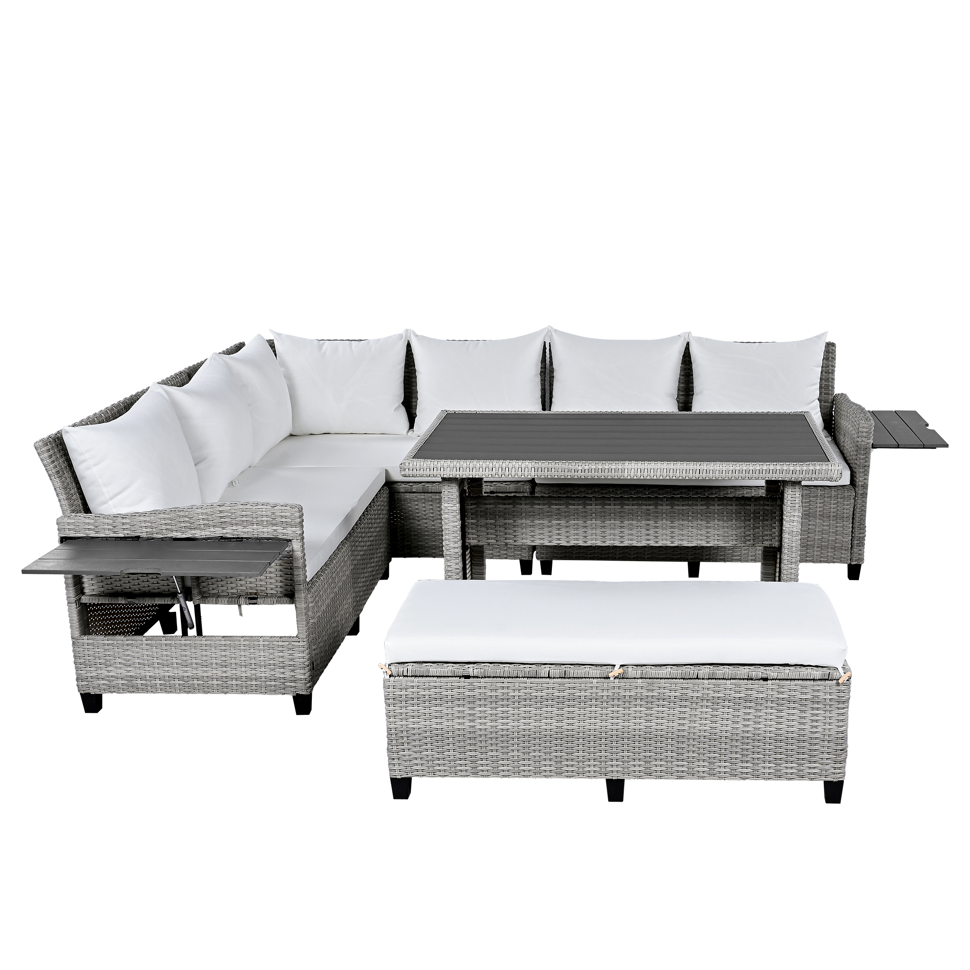 TOMAX 5-Piece Outdoor Patio Rattan Sofa Set, Sectional PE Wicker L-Shaped Garden Furniture Set with 2 Extendable Side Tables, Dining Table and Washable Covers for Backyard, Poolside, Indoor, White