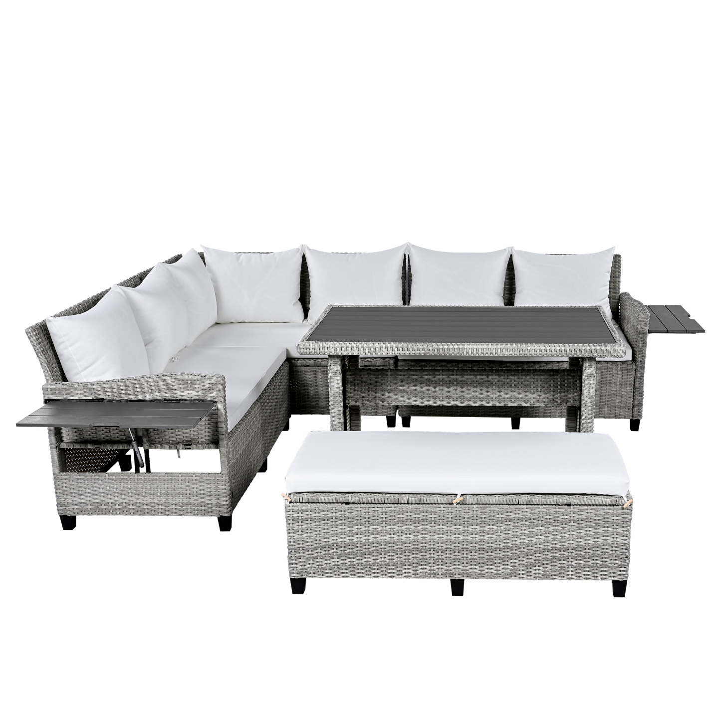 TOMAX 5-Piece Outdoor Patio Rattan Sofa Set, Sectional PE Wicker L-Shaped Garden Furniture Set with 2 Extendable Side Tables, Dining Table and Washable Covers for Backyard, Poolside, Indoor, White