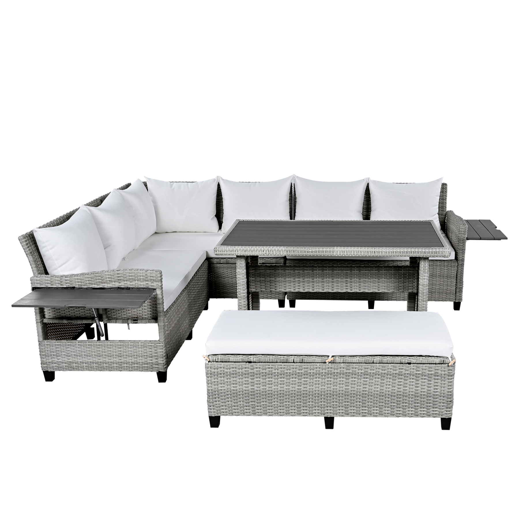 TOMAX 5-Piece Outdoor Patio Rattan Sofa Set, Sectional PE Wicker L-Shaped Garden Furniture Set with 2 Extendable Side Tables, Dining Table and Washable Covers for Backyard, Poolside, Indoor, White