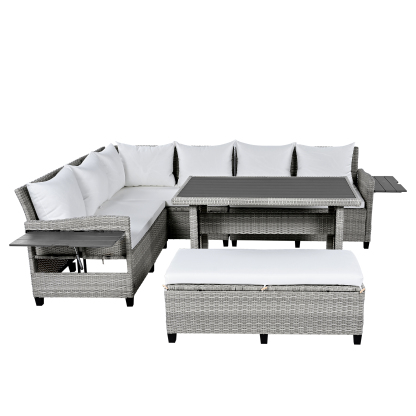 TOMAX 5-Piece Outdoor Patio Rattan Sofa Set, Sectional PE Wicker L-Shaped Garden Furniture Set with 2 Extendable Side Tables, Dining Table and Washable Covers for Backyard, Poolside, Indoor, White
