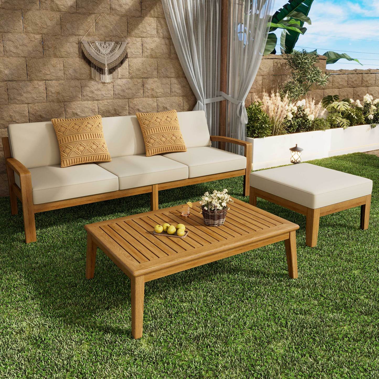 L Shape Outdoor Sectional Sofa Set – 3-Piece Acacia Wood Modular Patio Furniture with Ottoman & Coffee Table, Left/Right Armrest + Armless Segment, Water-Resistant Cushions, Slat Panel Backrest, Transitional Gray Finish