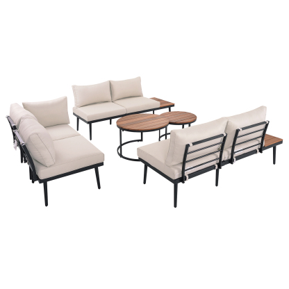 TREXM 6-Piece Outdoor Sectional Sofa Set with Round Nesting Coffee Tables and Seating Sofa with Cushions for Patio, Porch and Garden (Beige)
